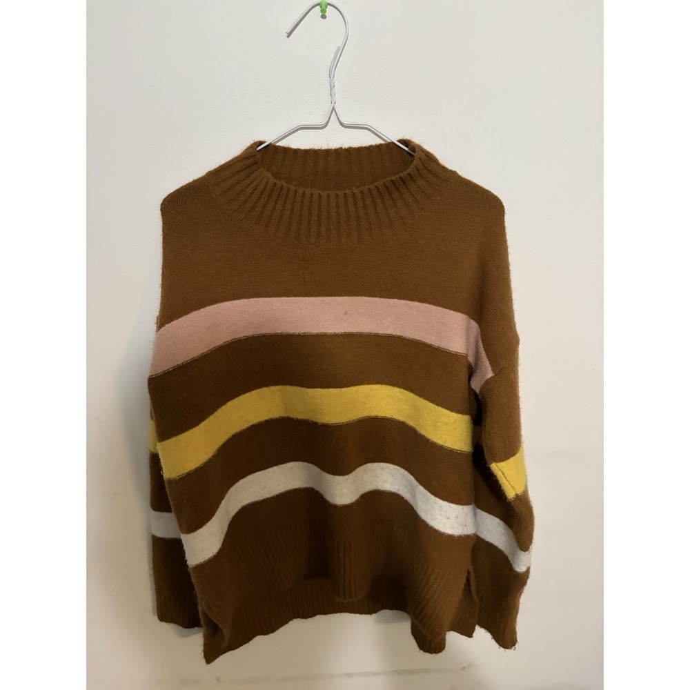 Hummingbird Brown Striped Mock Neck Sweater Womens M/l Pink Yellow White